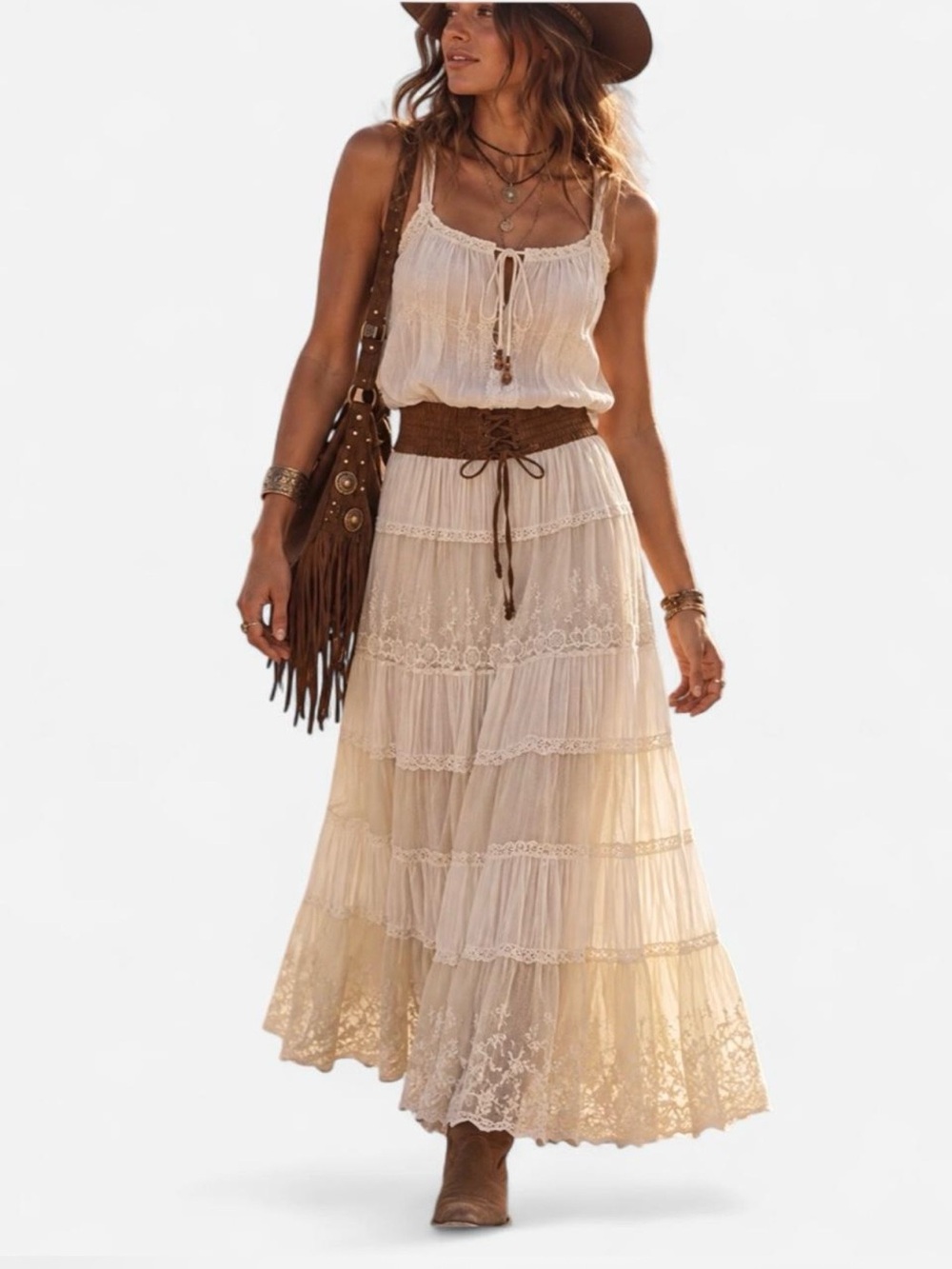 White Boho Lace Maxi Skirt Patchwork Crochet Prairie Western Suede Tie Front Lg